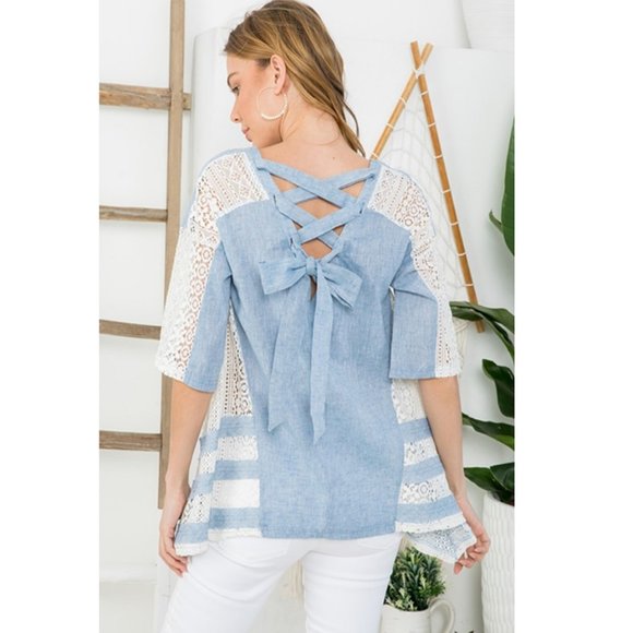 Women Washed Light Denim Blue Cotton Lace Details Bow Tie Asymmetric Top - T8705 - Picture 4 of 11